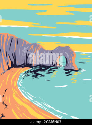 Art déco- oder WPA-Poster von Durdle Door an der Jurassic Coast in der Nähe von Lulworth in Dorset, England, im Stil der Projektverwaltung. Stock Vektor