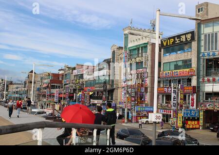 Geschäfte und Restaurants entlang der Hauptstraße des Oido Marine Park, in Oido, Korea Stockfoto