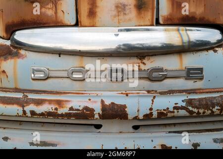 Chrome-Schriftzug auf der Vorderseite eines 1948 Dodge RAM LKW in Idaho, USA Stockfoto