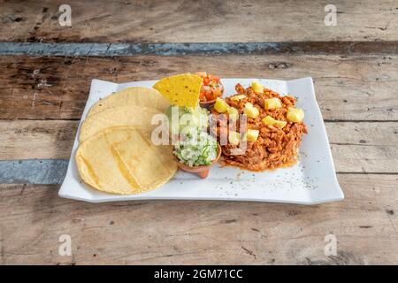 Weißes Tablett mit Taco al Pastor Zutaten, um sich mit Ananasstückchen, geschmortem Fleisch, Zwiebeln mit frischen Gewürzen und Guacamole zuzubereiten Stockfoto