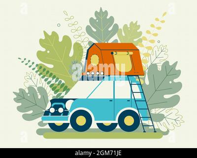 Camping im Sommer. Campingzelte. Zelt auf dem Dach des Autos. Flaches Design. Vektorgrafik für Aktien. Stock Vektor