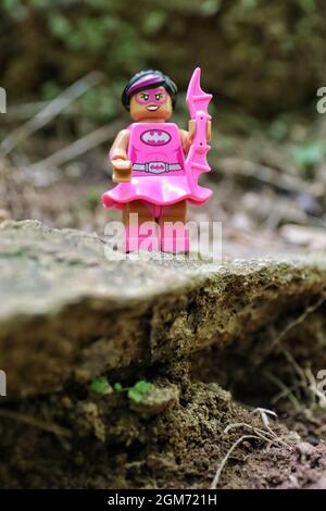 GREENVILLE, USA - 29. Aug 2021: Eine vertikale Nahaufnahme einer rosa Batman lego Figur auf einem Stein mit Außenhintergrund in Greenville, USA Stockfoto