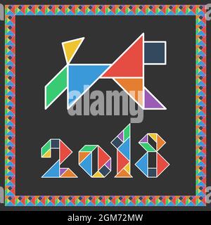 Tangram Gehirn Spiel Happy New Year 2018 mit Chinesse Symbol Hund posrcard flach UI-Farbe isoliert auf grauem Hintergrund Vektor-Illustration Stock Vektor