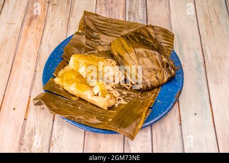 Tamale, gefüllt mit Hühnerfleisch, eingewickelt in Bananenblätter auf einem blau emaillierten Teller Stockfoto