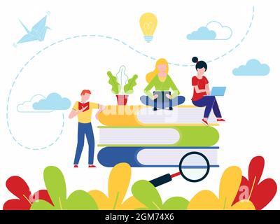 Bildung Konzept der Online-Tutorial-Schulungen, Web-Bildung oder Video-Kurse flaches Design Vektor-Illustration. Student mit onl Stock Vektor