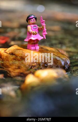 GREENVILLE, USA - 29. Aug 2021: Eine vertikale Nahaufnahme einer rosa batman lego Figur auf einer feuchten Oberfläche in Greenville, USA Stockfoto