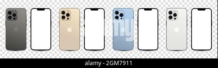 Vinnyzja, Ukraine - 17. September 2021. Kollektion des iphone 13 pro in vier Farben vier Farben (Sierra Blue, Silver, Gold und Graphite) von Apple in Stock Vektor