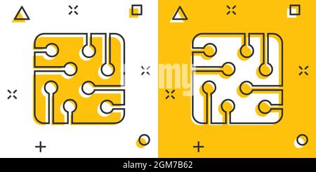 Computer cpu Icon im Comic Stil. Leiterplatte Cartoon Vektor Illustration auf weißem isolierten Hintergrund. Motherboard Chip Splash Effect Business Konz Stock Vektor