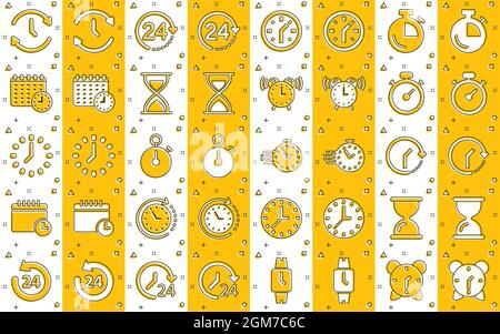 Time-Symbol im Comic-Stil gesetzt. Agenda Uhr Cartoon Vektor Illustration auf weißem Hintergrund isoliert. Sandglas, Armbanduhr Timer Splash-Effekt Geschäft Stock Vektor