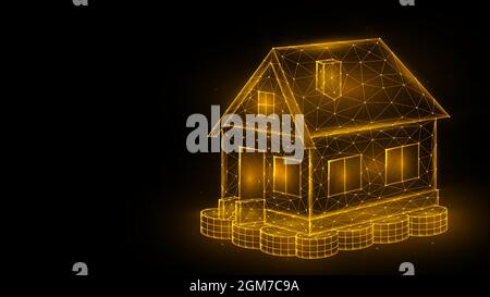 Hausinvestitionskonzept. Polygonale Vektordarstellung eines Hauses, das auf einem Münzstapel steht. Kaufen oder Verkaufen von Home-Banner oder -Vorlagen. Stock Vektor