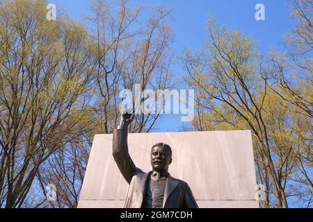 Detail der Bronzestatue des Präsidenten Teddy Roosevelt, Skulptur am National Memorial während der Frühjahrsknospen. Auf Theodore Roosevelt Island in der Nähe von W Stockfoto
