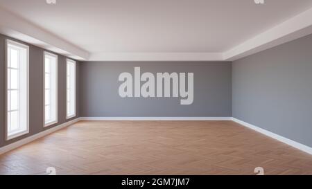 Leere Innenausstattung mit grauen Wänden und Parkettboden, 3d-Rendering Stockfoto