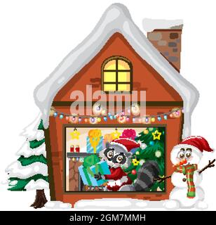 Niedliche Waschbär im weihnachtshaus auf weißem Hintergrund Illustration Stock Vektor