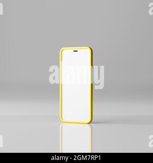 Smartphone-Modell mit leerem weißen Bildschirm auf weißem Hintergrund. 3D-Rendering Stockfoto