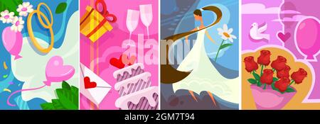 Sammlung von Hochzeitsplakaten. Postkarten-Designs im Cartoon-Stil. Stock Vektor