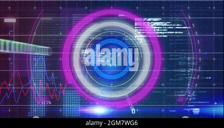 Digitales Bild von Neon-Rundscanner und Datenverarbeitung gegen finanzielle Datenverarbeitung Stockfoto