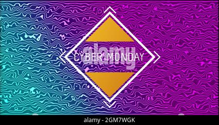 Bild des Cyber monday-Textes in rautenförmiges Bild über leuchtend violetten bis blauen Linien Stockfoto