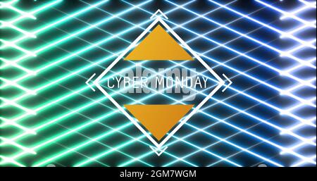 Bild des Cyber monday-Textes in rautenförmigem Rahmen über leuchtendem Grün bis blauem Netz Stockfoto