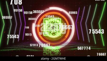 Bild von qr-Code, Scanton und Zahlen, die sich über Neon-Elementen im Hintergrund ändern Stockfoto