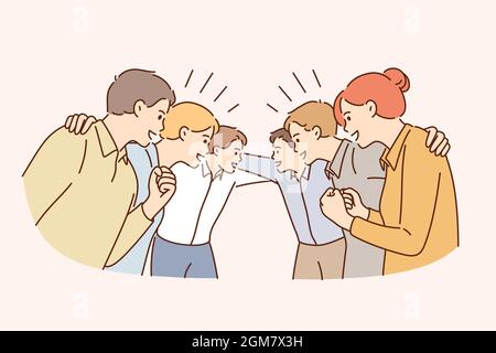 Gutes Geschäftsteam und Kooperationskonzept. Gruppe von jungen Kollegen Mitarbeiter stehen umarmt feiern Erfolg in der Wirtschaft zusammen Vektor-Illustration Stock Vektor