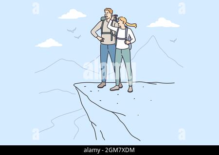 Reise-, Abenteuer- und Sommerurlaubs-Konzept. Junge glückliche Paar Cartoon-Figuren stehen mit Rucksäcken Blick auf Landschaft von Berggipfel Peak Gefühl Freiheit Vektor Illustration Stock Vektor