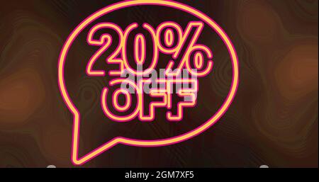 Bild von 20 % Rabatt auf Text in orangefarbenen Neonbuchstaben und Sprechblase auf orangefarbenem Hintergrund Stockfoto