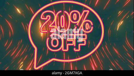 Bild von 20 % Rabatt auf Text in orangefarbenen und pinken Neonbuchstaben mit hellen Spuren im Hintergrund Stockfoto