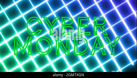 Bild von Cyber monday neongrüner Text auf neonstrahlendem Netzhintergrund Stockfoto