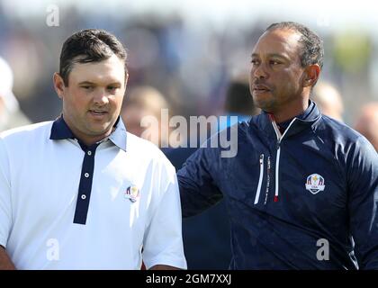 Aktenfoto vom 29-09-2018 von Patrick Reed und Tiger Woods vom Team USA. Ausgabedatum: Freitag, 17. September 2021. Stockfoto
