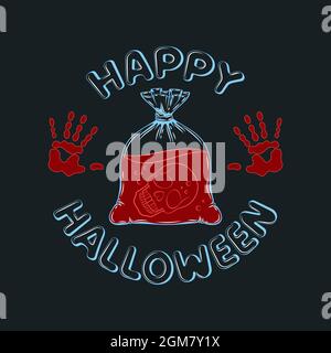Vektor-Illustration von Happy Halloween mit einem Totenkopf in einem Paket. Isolierte Objekte auf schwarzem Hintergrund. Stock Vektor