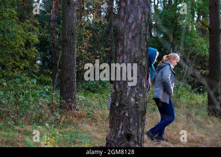 Unschärfe-Seitenansicht von zwei Frauen, die im Pinienwald spazieren. Pilze sammeln Saison, Freizeit und Menschen Konzept, Mutter und Tochter zu Fuß im Herbstwald Stockfoto