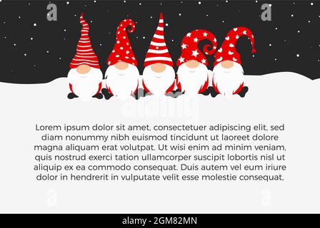 Frohes neues Jahr 2022 Poster Design mit Gnomen, Weihnachtsfiguren zur Dekoration von Weihnachtsferien, Neujahr breites horizontales Banner mit Text Stock Vektor