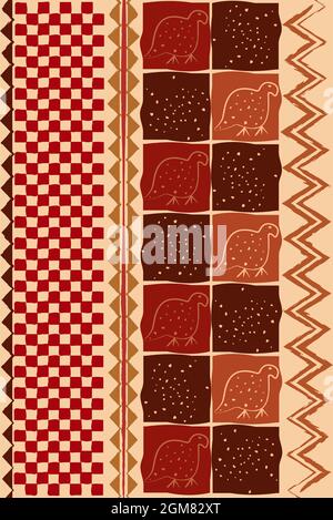 afrikanische traditionelle Wandbehänge, ethnische Muster, bedruckter Stoff Textil, handgefertigte geometrische Motive aus Stammes. Simbabwe Kunsthandwerk Vektor Illustration Afro Stock Vektor