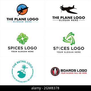 Flugzeug würzt Kokosnussgetränk und Skateboards Logo Design Stock Vektor