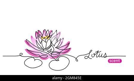Rosa Lotusblume eine Linie Kunst Zeichnung. Einfache Vektorlinien-Illustration für Etikettendesign mit Schriftzug Lotus Duft Stock Vektor