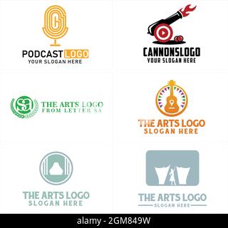 Podcast Theater Unterhaltung Gitarre Logo Design Stock Vektor