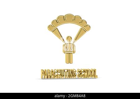 Goldenes 3d-Fallschirmspringen-Symbol auf weißem Hintergrund isoliert - 3D-Rendering Stockfoto
