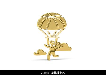 Goldenes 3d-Fallschirmspringen-Symbol auf weißem Hintergrund isoliert - 3D-Rendering Stockfoto