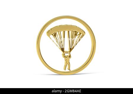 Goldenes 3d-Fallschirmspringen-Symbol auf weißem Hintergrund isoliert - 3D-Rendering Stockfoto