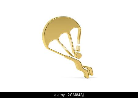 Goldenes 3d-Fallschirmspringen-Symbol auf weißem Hintergrund isoliert - 3D-Rendering Stockfoto