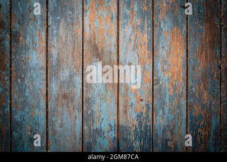 Alte blaue und orange Vintage Holzplanken Textur Stockfoto