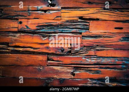 Stark abgenutzte Holzteller-Textur in brauner Farbe Stockfoto