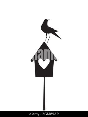 Vogel Silhouette auf einem Vogelhaus, Vector. Vogel und Vogelhaus Illustration . Wandtattoos, Kunstdekoration, Wanddekor, Bird Silhouette auf Zweig isoliert Stock Vektor