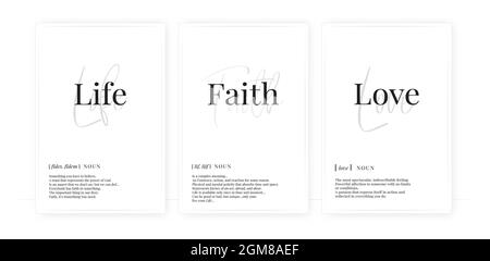 Leben Glauben Liebe Definition, Vektor. Minimalistisches Posterdesign. Wandtattoos, Substantiv Beschreibung. Wording Design isoliert auf weißem Hintergrund, Schriftzug. W Stock Vektor