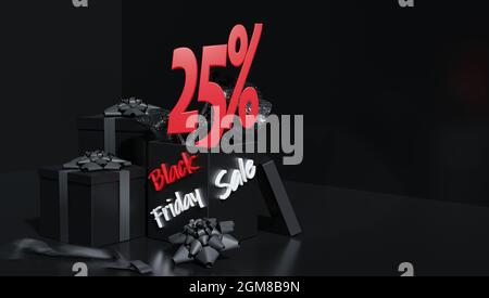 3D-RENDERING. FLYER WERBUNG RABATT VERKAUF FÜR BLACK FRIDAY PROMOTION. SCHWARZER HINTERGRUND Stockfoto