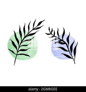 Setzen Sie tropische Blätter auf einen Hintergrund von abstrakten Kreisen. Vektorgrafik auf weißem Hintergrund isoliert. Stock Vektor
