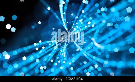 Blau leuchtende Flugbahnen mit Partikeln, computergenerierter abstrakter Hintergrund, 3D-Rendering Stockfoto