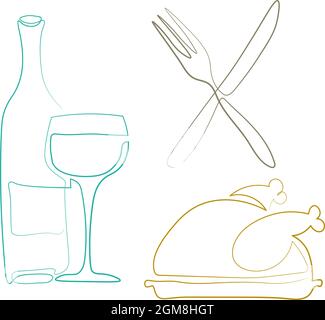 Set von Lebensmitteln Symbole mit Umriss Huhn Weinmesser und Gabel Zeichnung in Umriss eine Linie Stil Stock Vektor