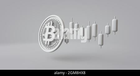 Eine weiße Bitcoin-Kryptowährung-Münze mit Börsenhandelsgraph. 3D-Rendering Stockfoto