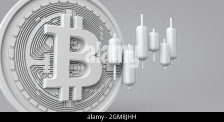 Eine weiße Bitcoin-Kryptowährung-Münze mit Börsenhandelsgraph. 3D-Rendering Stockfoto